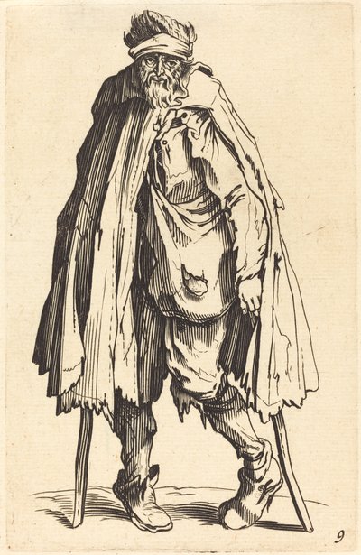 Kerjäläinen kainalosauvoilla ja säkillä tekijältä After Jacques Callot