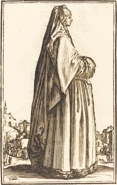 Jalo nainen, jolla on hunnu ja turkista leikattu mekko tekijältä After Jacques Callot