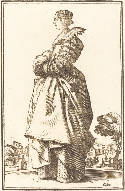 Jalo nainen profiilissa kädet muhvissa tekijältä After Jacques Callot