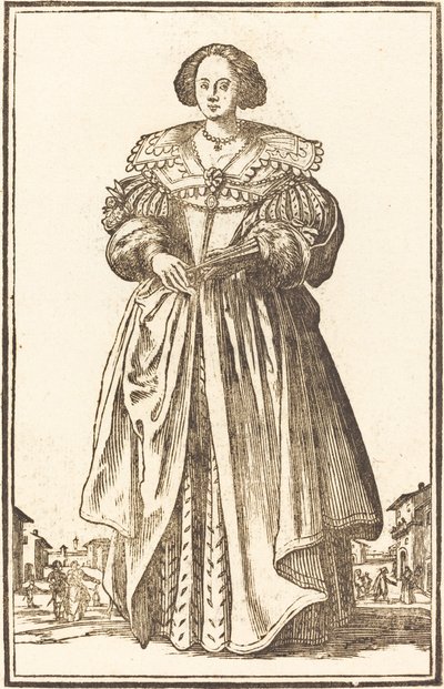 Jalo nainen tuulettimen kanssa tekijältä After Jacques Callot