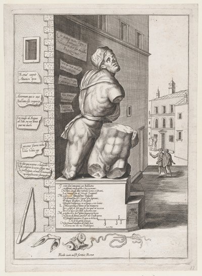 Pasquinin patsas kardinaali Ursinon talossa, julkaistu vuoden 1582 jälkeen, julkaistu vuoden 1582 jälkeen. tekijältä After Nicolas Beatrizet.