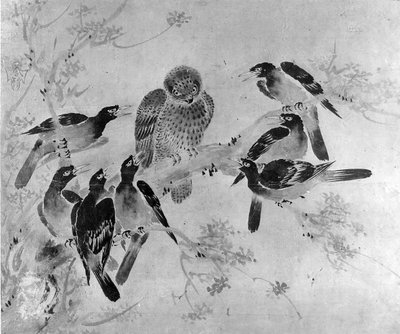 Mynah-linnut hyökkäävät pöllöä vastaan, luultavasti 1800-luvulta. tekijältä after Sesson Shūkei