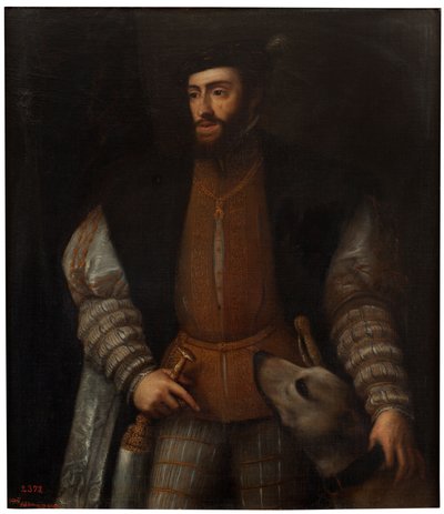 Espanjaksi:  Kaarle V ja koira. tekijältä after Titian