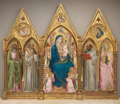 Madonna ja lapsi pyhien Andreaksen, Benedictuksen, Bernardin ja Aleksandrian Katariina enkelien kanssa [koko triptyykki] tekijältä Agnolo Gaddi