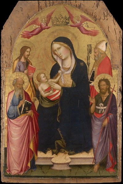 Madonna ja lapsi sekä Johannes evankelista, Johannes Kastaja, Jaakob Compostelalainen ja Nikolai Barilainen. tekijältä Agnolo Gaddi
