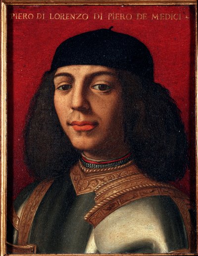 Muotokuva Pietari II:sta Medici (1472-1503) (Piero di Lorenzo de Medici tai Piero onneton) italialainen poliitikko ja sotilas, Laurentin poika, Agnolo Allorin upea maalaus Bronzino (1503-1572), öljy kuparille, koko 15x12 cm Palazzo M tekijältä Agnolo Bronzino