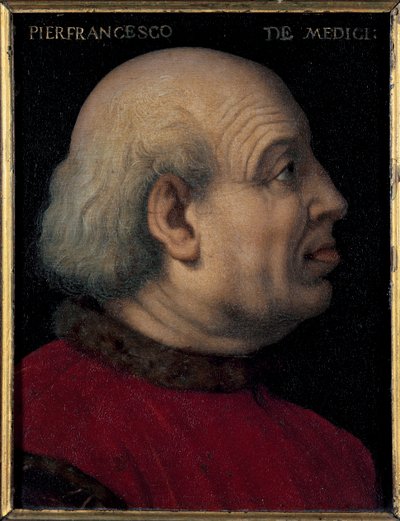 Pierfrancesco di Lorenzo de Medicis vanhimman (1430-1476) muotokuva (Pierfrancesco de Medicin vanhimman muotokuva italialainen pankkiiri ja diplomaatti, Firenzen Medicien talon jäsen) Bronzinon (Agnolo di Cosimo) maalaus (1503-1572) Koko 15x12 cm tekijältä Agnolo Bronzino