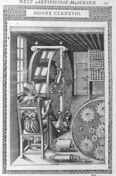 Automaattinen kirjasto. Perustuu Agostino Ramellin projektiin elokuvissa "Diverse and Artificose Machin" ja Milan 1600. tekijältä Agostino (after) Ramelli