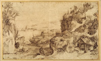 Näkymä linnoitettuun satamaan alaspäin (kynä ja ruskea muste paperilla) tekijältä Agostino (attr. to) Carracci