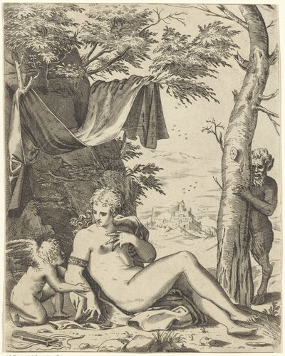Venus, rakkaus saterissa tekijältä Agostino Carracci (attributed to)