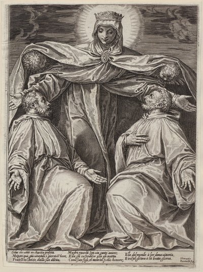 Suojavaatteinen madonna kahden munkin seurassa tekijältä Agostino Carracci