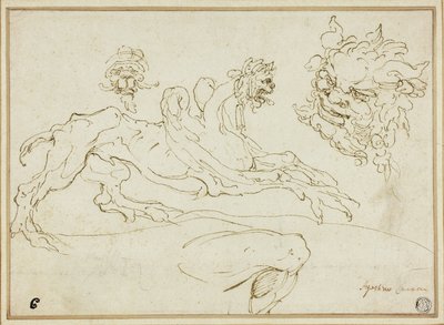Neljä luonnosta: Griffin, Grotesque Head, Head of Satyr, Bent Leg tekijältä Agostino Carracci