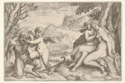 Rakkaus valloittaa kaiken Omnia vincit Amor taistelussa satyyrin kanssa Amor asettaa oikean kn..., 1599. tekijältä Agostino Carracci