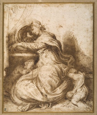 Madonna ja lapsi St Johnin kanssa, kaikki nukkumassa (kynä ja ruskea muste ja ruskea pesu) tekijältä Agostino Carracci