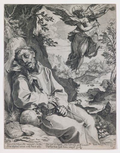 Soittava enkeli lohduttaa pyhää Franciscusta tekijältä Agostino Carracci