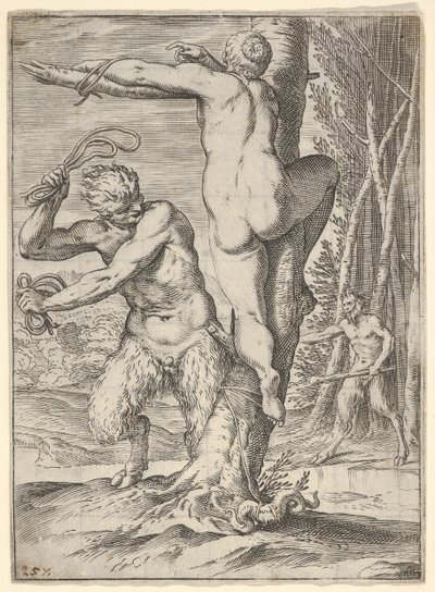 Satyr piiskaa nymfiä, joka näytetään takaapäin ja sidottu puuhun, toinen saty..., n. 1590-95. tekijältä Agostino Carracci