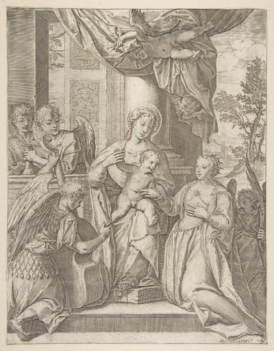Pyhän Katariinan mystinen avioliitto, joka istuu keskellä Kristus-lapsen, enkeleiden kanssa..., 1585. tekijältä Agostino Carracci