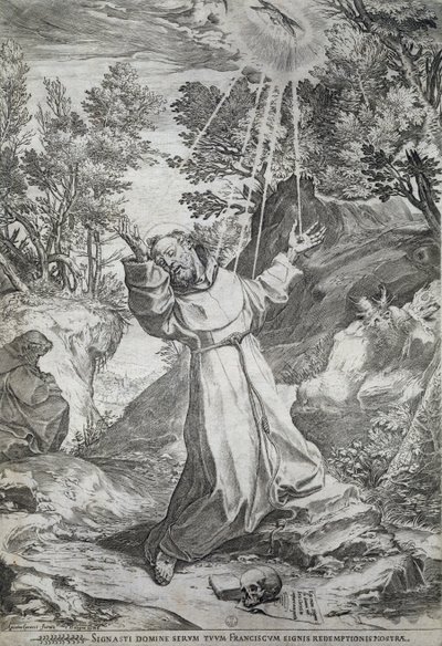 Pyhän Franciscuksen leimautuminen La Verna -vuorella (1224) tekijältä Agostino Carracci