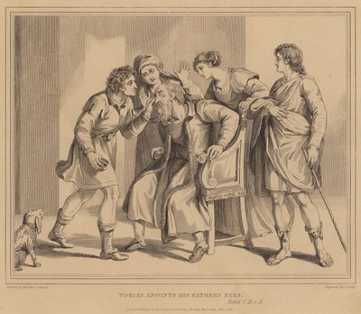 Tobias voitelee isänsä silmät, Tobit tekijältä Agostino Carracci