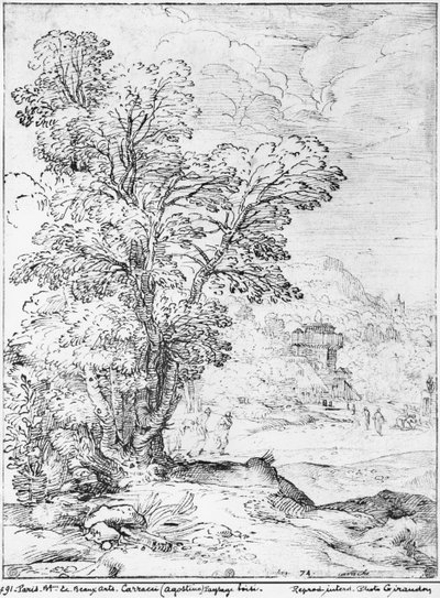 Metsämaisema (kynä ja muste paperille) (bw valokuva) tekijältä Agostino Carracci