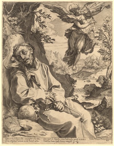 Musiikkienkelin lohduttama Pyhä Franciscus tekijältä Agostino Carracci after Francesco Vanni