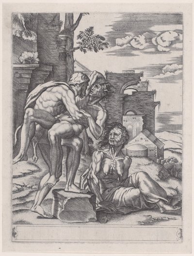 Hercules ja Antaeus, päivätty 1533, päivätty 1533. tekijältä Agostino Veneziano