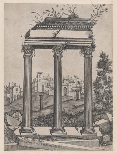 Rooman loiston peili: Antoninuksen ja Faustinan temppeli, 1500-luku, 1500-luku. tekijältä Agostino Veneziano.