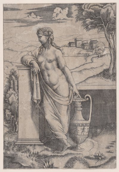 Nainen seisoo lähellä maljakkoa, n. 1514-36. tekijältä Agostino Veneziano