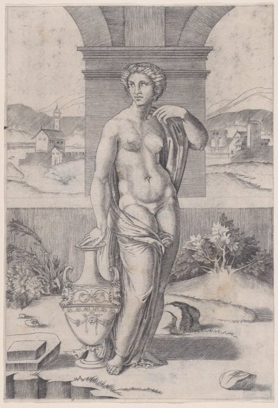 Nainen seisoo lähellä maljakkoa, n. 1514-36. tekijältä Agostino Veneziano
