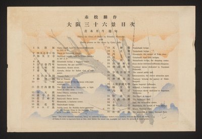 Indeksi Rinsaku Akamatsun kolmekymmentäkuusi näkymää Osakasta Haiku-runoilla Getto Aokin näkymistä (otsikko esineessä) Osakan 36 kasvoa (sarjan nimi) Ôsaka sanjûrokkei (sarjan nimi esineessä) tekijältä Akamatsu Rinsaku