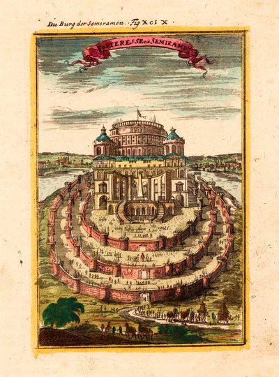 Legendaarisen kuningatar Semiramin linnoitus ja riippupuutarhat Babylonissa - Semiramiksen linnoitus - Alain Manesson Malletin (1630-1706) kuparikaiverrus ja akvarelli tekijältä Alain Manesson Mallet