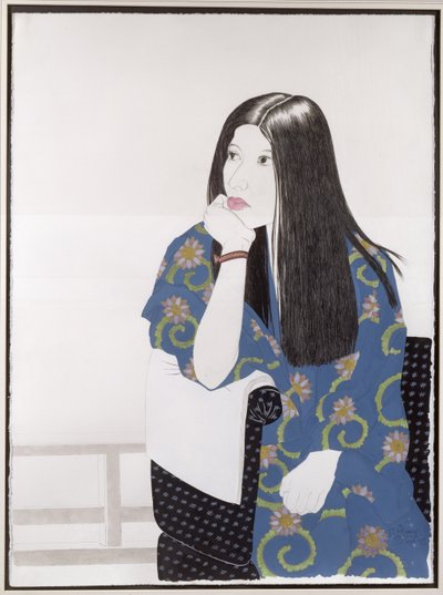 Sininen kimono, 1995 (muste, wc, guassi ja hiili paperille) tekijältä Alan Byrne
