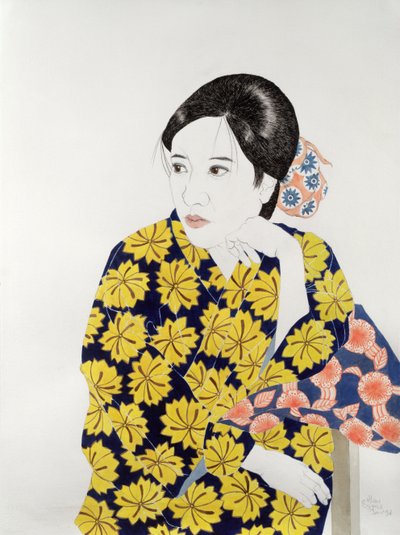 Keltainen kimono, 1996 (muste, wc, guassi ja hiili paperille) tekijältä Alan Byrne