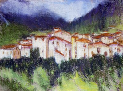 Alpine maisema, Alberico Balbi Valier (n. 1869-1910), pastelli paperille, 24x32 cm. Italia tekijältä Alberico Balbi Valier