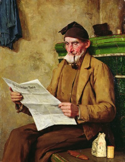 Vanha Feissli lukee sanomalehteä tekijältä Albert Anker