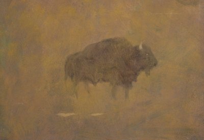 Buffalo in a Sandstorm (öljy levylle kiinnitettynä) tekijältä Albert Bierstadt