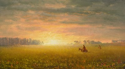 Auringonlasku preerialla, noin 1861 (öljy paperille). tekijältä Albert Bierstadt