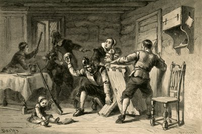 Puritaanit barrikadoivat talonsa intiaaneja vastaan, 1877. tekijältä Albert Bobbett