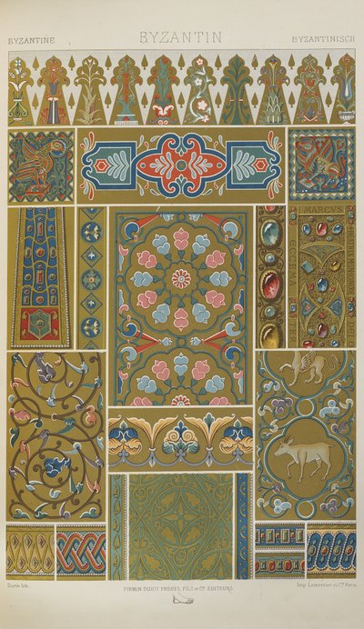 Bysanttilainen, levy 35 julkaisusta "Polychromatic Ornament: Sata lautasta kultaa, hopeaa ja värejä" tekijältä Albert Charles August Racinet