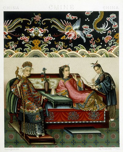 Kiinan impressin puku. Kromolitografinen levy - Racinetin "" Le costume historique" -kirjassa tekijältä Albert Charles August Racinet