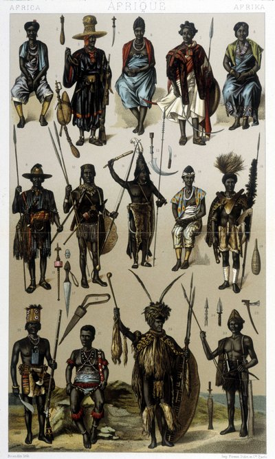 Guinean, Senegalin ja Gabonin puvut. Kuvitus Racinet