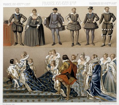 Ranskan kuningatar Margueriten (alhaalla) ja Henrik IV:n (ylhäällä) puvut 1600- ja 1700-luvuilla. Kuvitus Racinet