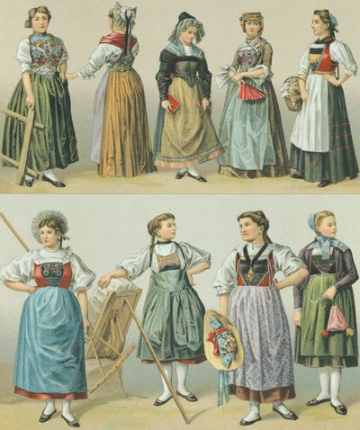 Costumes of the Cantons, il·lustració de The Complete Costume History de Racinet Augustefinnish tekijältä Albert Charles August Racinet