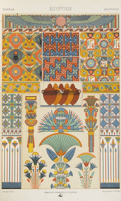 Egyptiläinen, levy 2 julkaisusta "Polychromatic Ornament: Sata lautasta kultaa, hopeaa ja värejä" tekijältä Albert Charles August Racinet