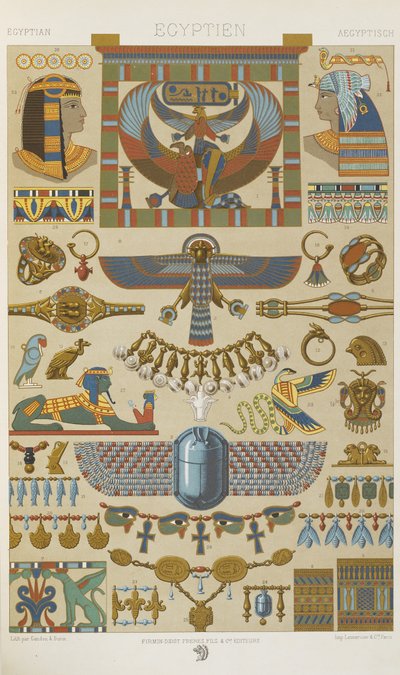 Egyptiläinen, levy 4 aiheesta "Polychromatic Ornament: Sata lautasta kultaa, hopeaa ja värejä" tekijältä Albert Charles August Racinet