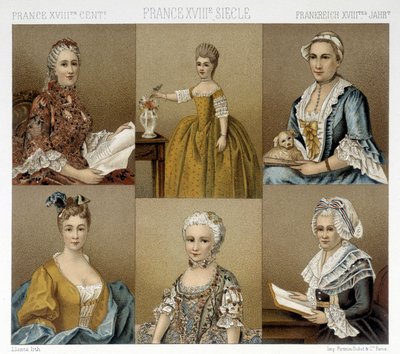 Ranskalainen feminiininen muoti 1700-luvulla. Kuvitus Racinet
