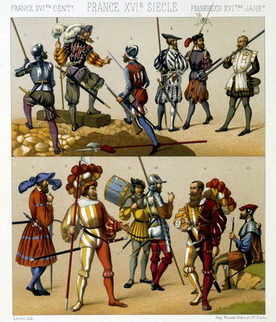 Ranskalaiset sotilasasut 1500-luvulla. Kromolitografinen levy - Racinetin "" Le costume historique" -kirjassa tekijältä Albert Charles August Racinet