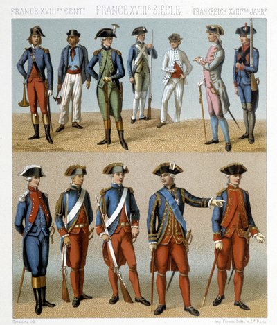 Ranskalaiset sotilasasut 1700-luvulla. Kuvitus Racinet