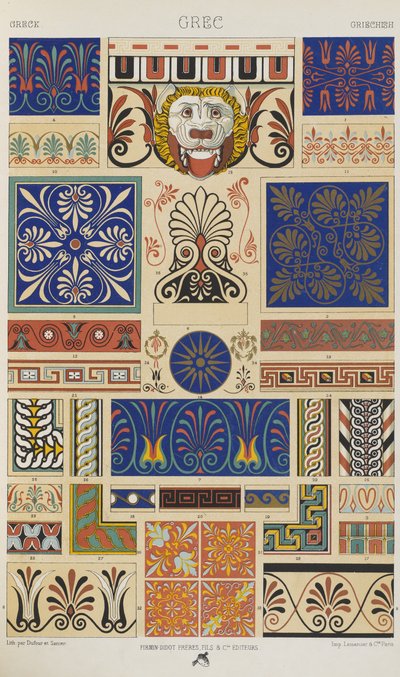 Kreikka, levy 6 teoksesta "Polychromatic Ornament: Sata lautasta kultaa, hopeaa ja värejä" tekijältä Albert Charles August Racinet