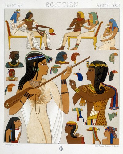 Muinaisen Egyptin freskoista kopioituja kuvia Racquet 1888:n "Historiallisessa puvussa" tekijältä Albert Charles August Racinet